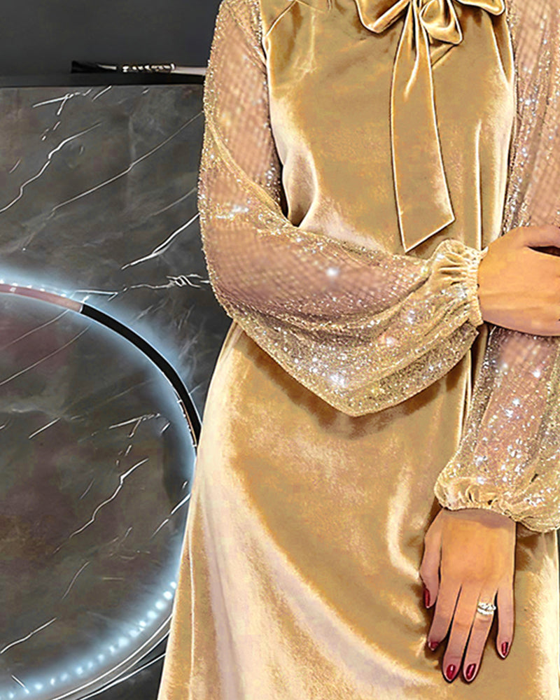 Elegant Balloon Sleeve Patchwork Dress