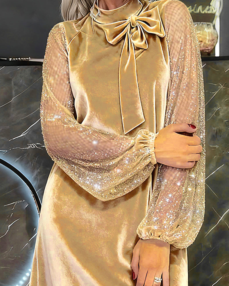 Elegant Balloon Sleeve Patchwork Dress