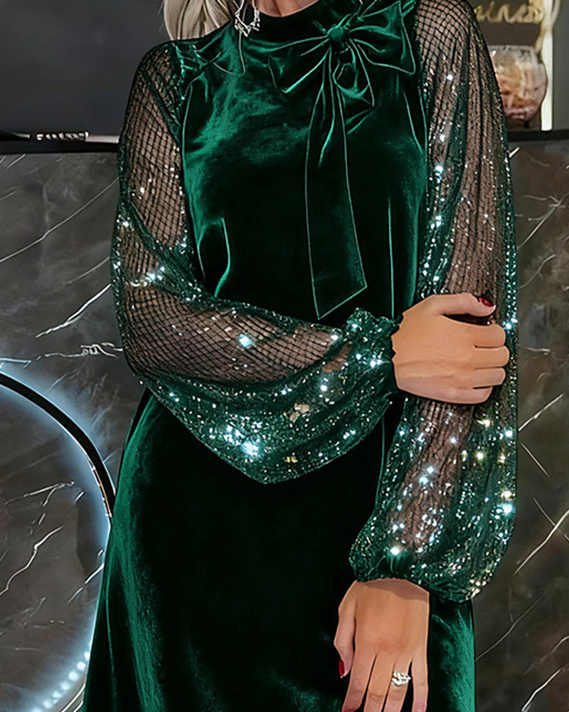 Elegant Balloon Sleeve Patchwork Dress