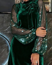 Elegant Balloon Sleeve Patchwork Dress