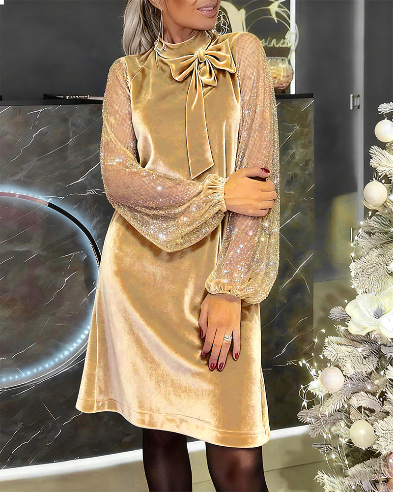 Elegant Balloon Sleeve Patchwork Dress