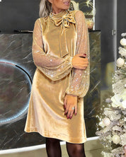 Elegant Balloon Sleeve Patchwork Dress