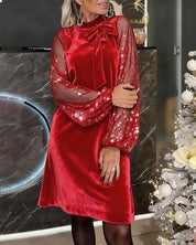 Elegant Balloon Sleeve Patchwork Dress