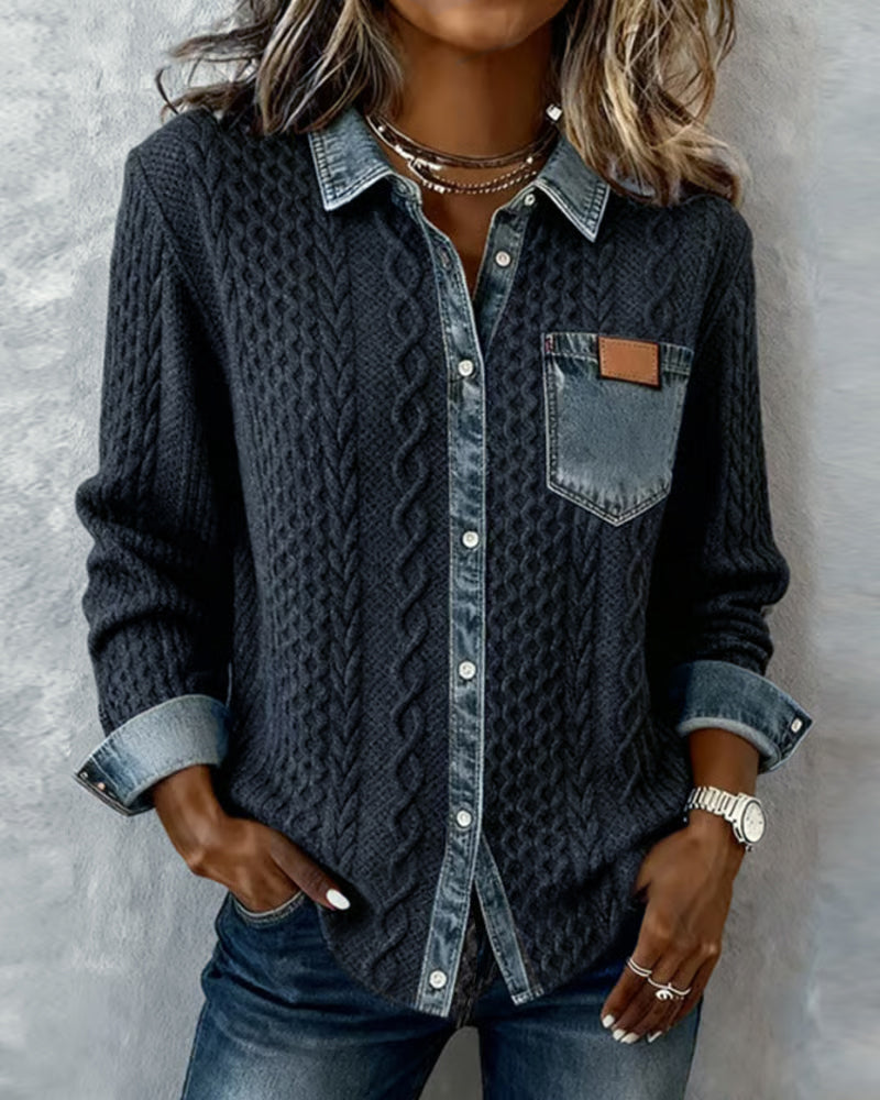 Long Sleeve Patchwork Denim Shirt