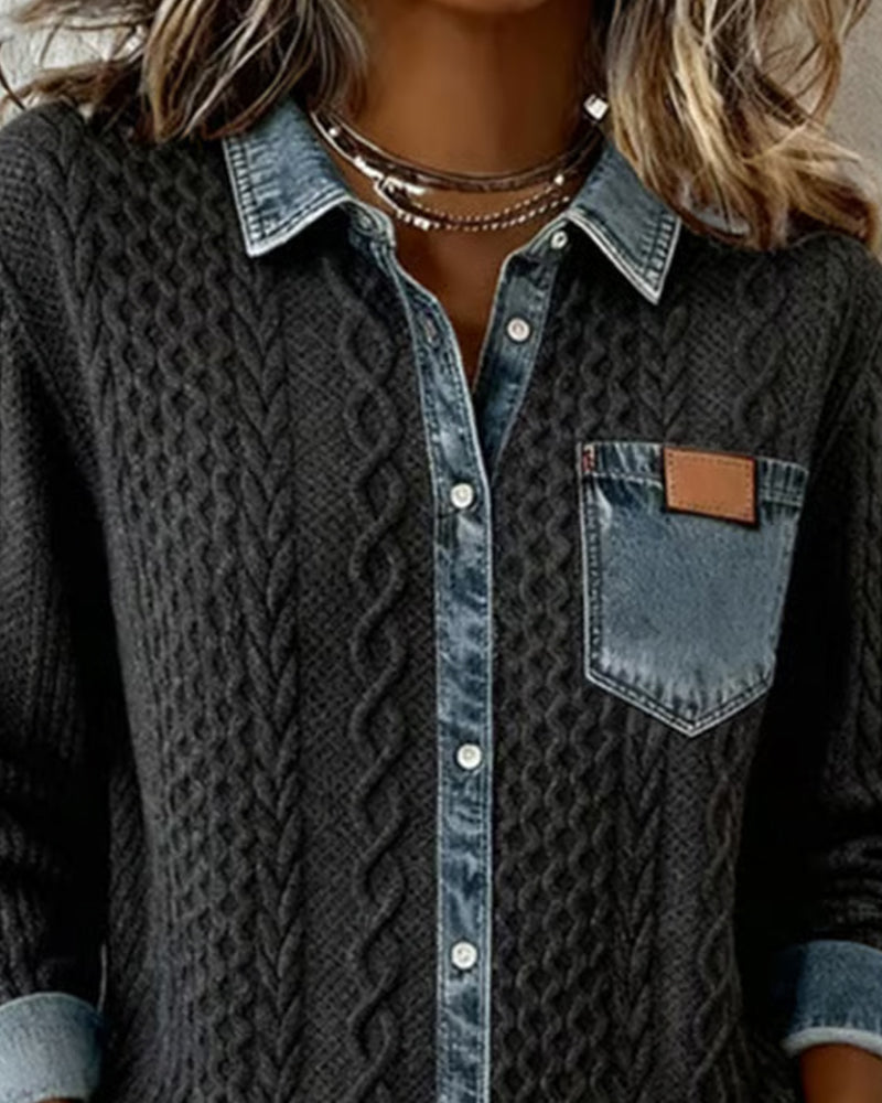 Long Sleeve Patchwork Denim Shirt