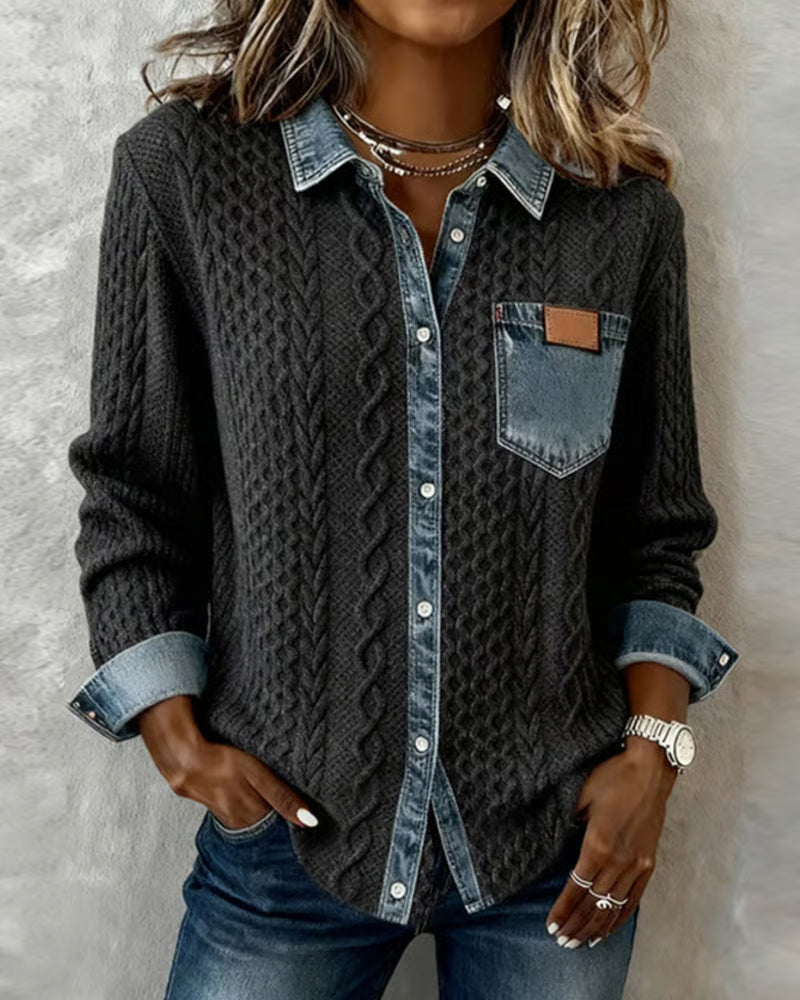 Long Sleeve Patchwork Denim Shirt