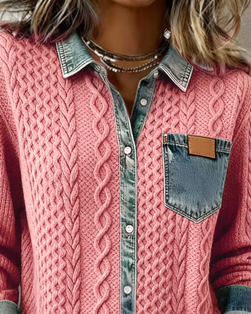 Long Sleeve Patchwork Denim Shirt