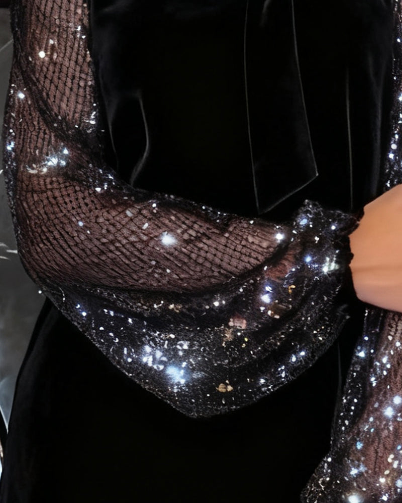 Elegant Balloon Sleeve Patchwork Dress